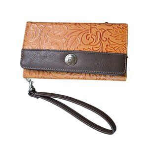 Stone Mountain Western Wallet Tri-Fold Wristlet Tooled Brown Leather Embossed